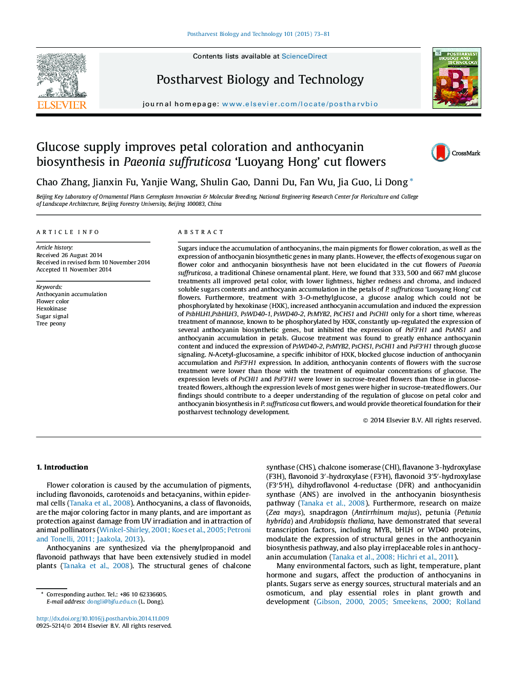 Glucose supply improves petal coloration and anthocyanin biosynthesis in Paeonia suffruticosa ‘Luoyang Hong’ cut flowers