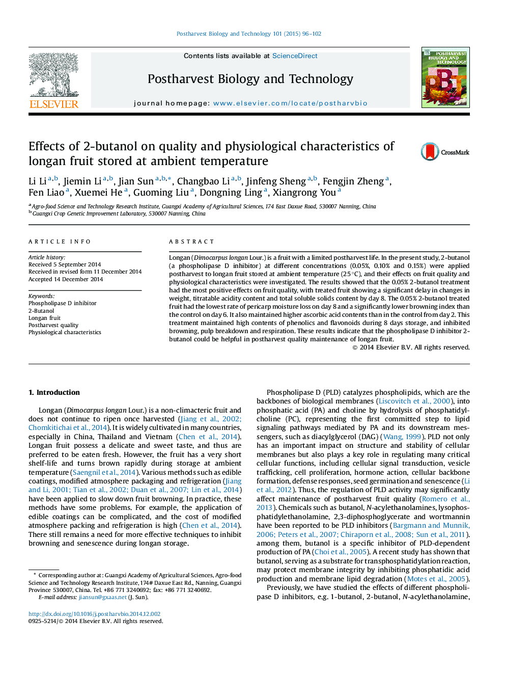 Effects of 2-butanol on quality and physiological characteristics of longan fruit stored at ambient temperature