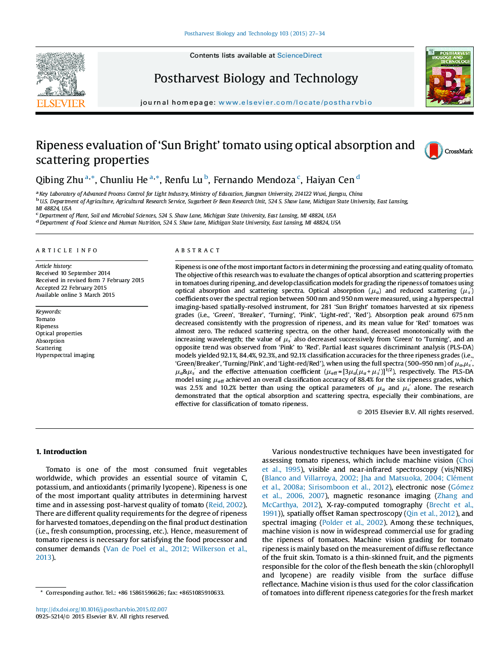 Ripeness evaluation of ‘Sun Bright’ tomato using optical absorption and scattering properties