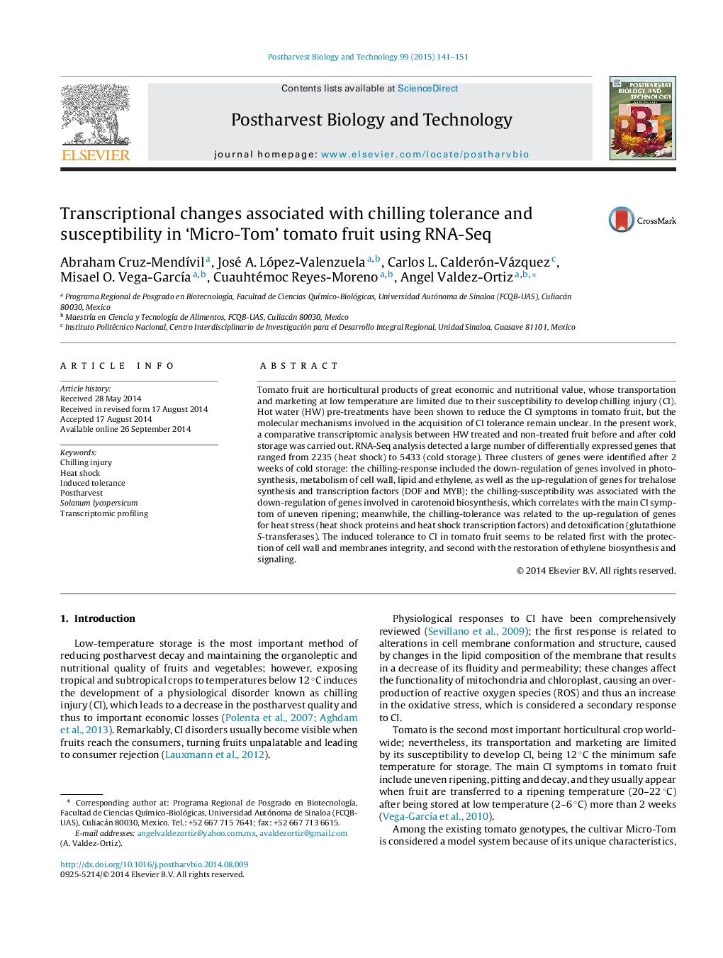 Transcriptional changes associated with chilling tolerance and susceptibility in ‘Micro-Tom’ tomato fruit using RNA-Seq