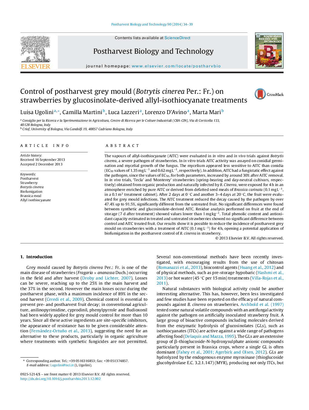 Control of postharvest grey mould (Botrytis cinerea Per.: Fr.) on strawberries by glucosinolate-derived allyl-isothiocyanate treatments