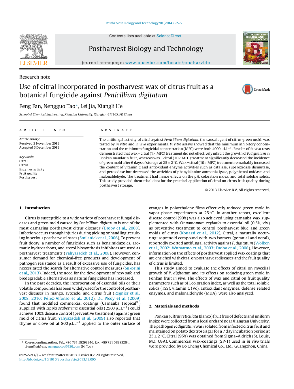 Use of citral incorporated in postharvest wax of citrus fruit as a botanical fungicide against Penicillium digitatum