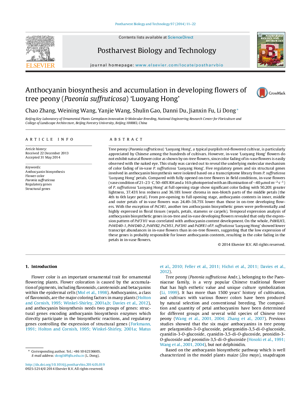 Anthocyanin biosynthesis and accumulation in developing flowers of tree peony (Paeonia suffruticosa) ‘Luoyang Hong’