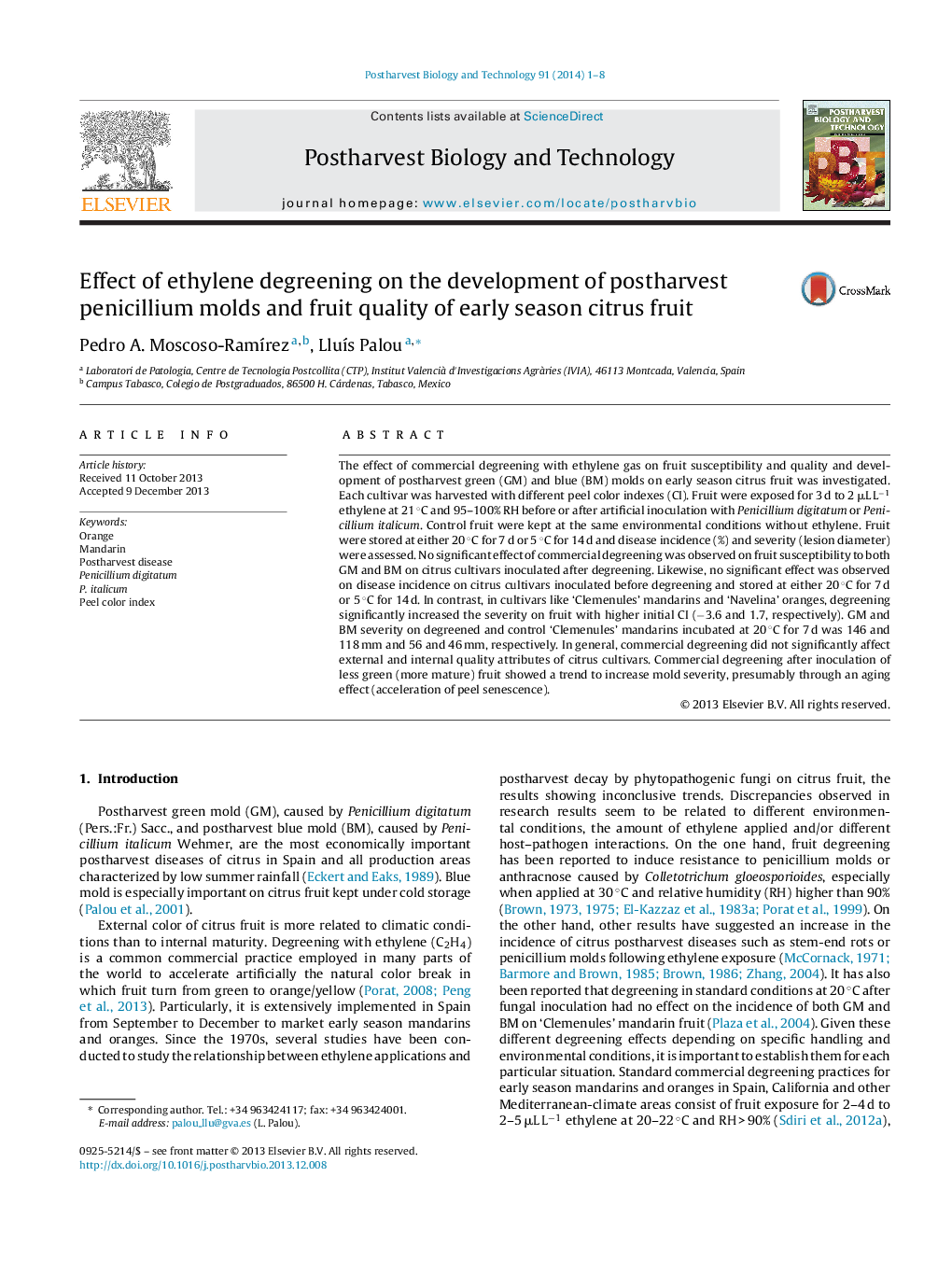 Effect of ethylene degreening on the development of postharvest penicillium molds and fruit quality of early season citrus fruit