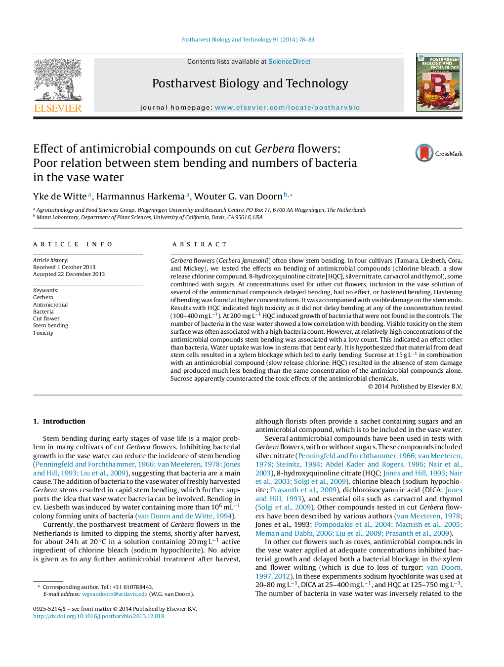 Effect of antimicrobial compounds on cut Gerbera flowers: Poor relation between stem bending and numbers of bacteria in the vase water