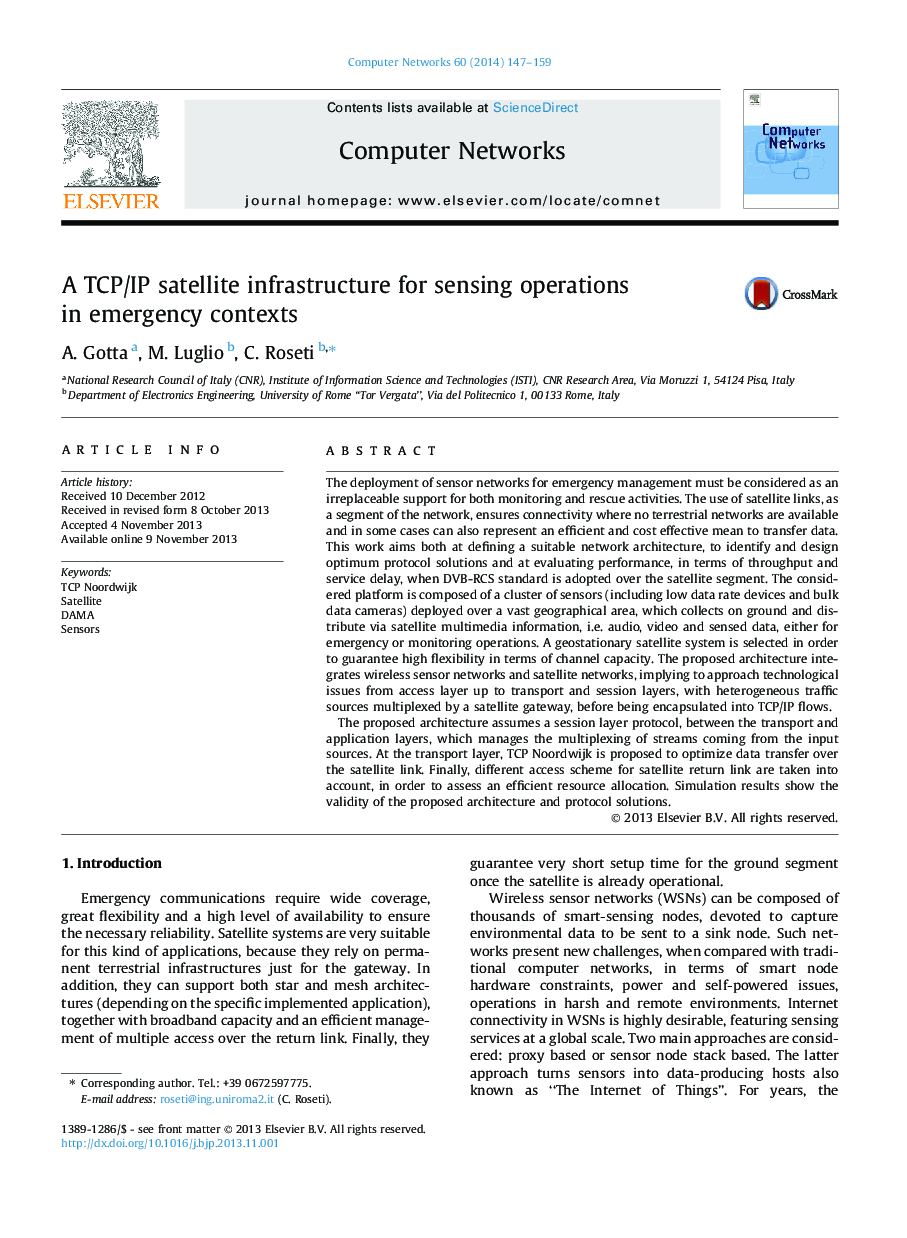 A TCP/IP satellite infrastructure for sensing operations in emergency contexts