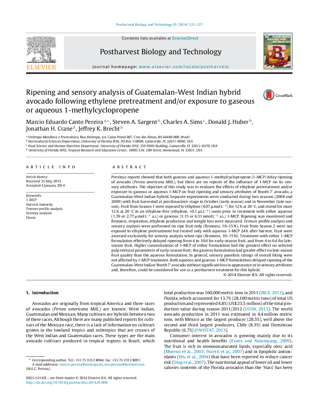 Ripening and sensory analysis of Guatemalan-West Indian hybrid avocado following ethylene pretreatment and/or exposure to gaseous or aqueous 1-methylcyclopropene