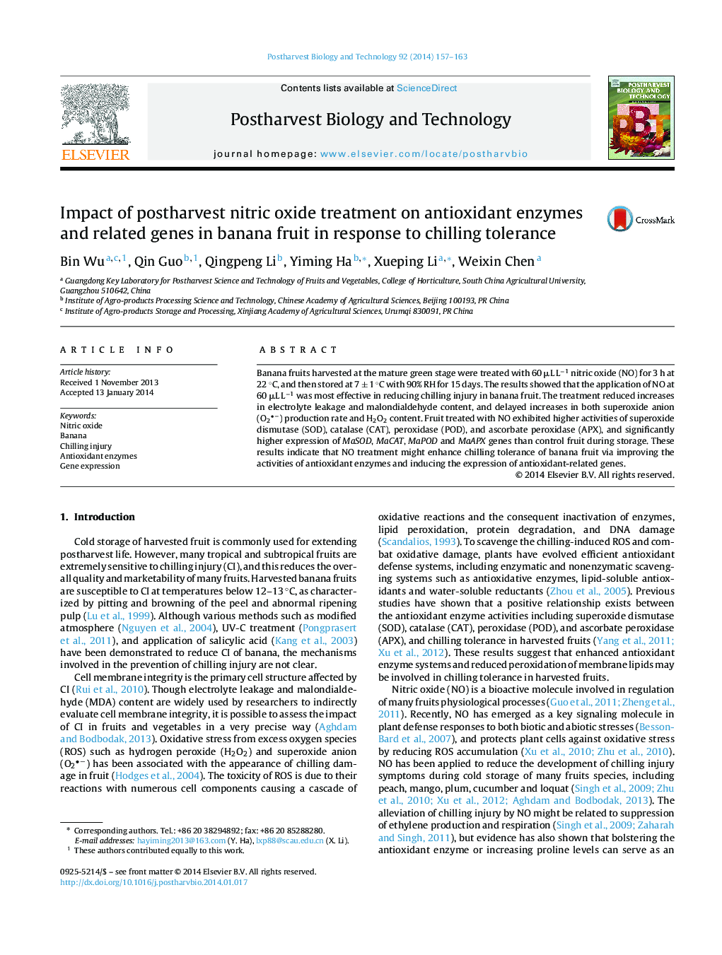 Impact of postharvest nitric oxide treatment on antioxidant enzymes and related genes in banana fruit in response to chilling tolerance