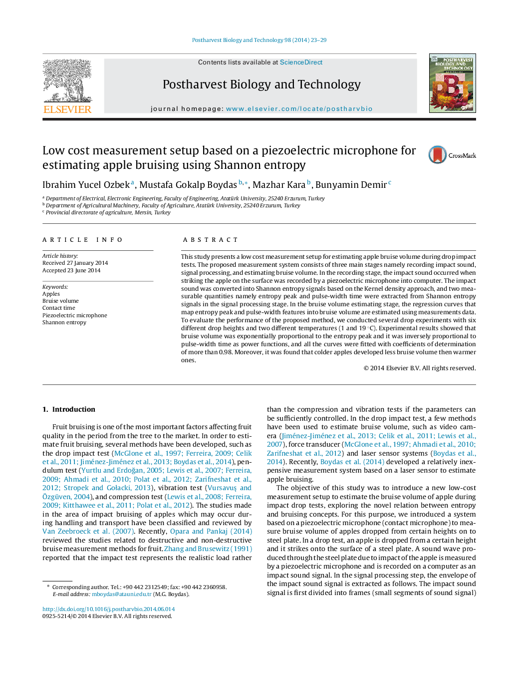 Low cost measurement setup based on a piezoelectric microphone for estimating apple bruising using Shannon entropy