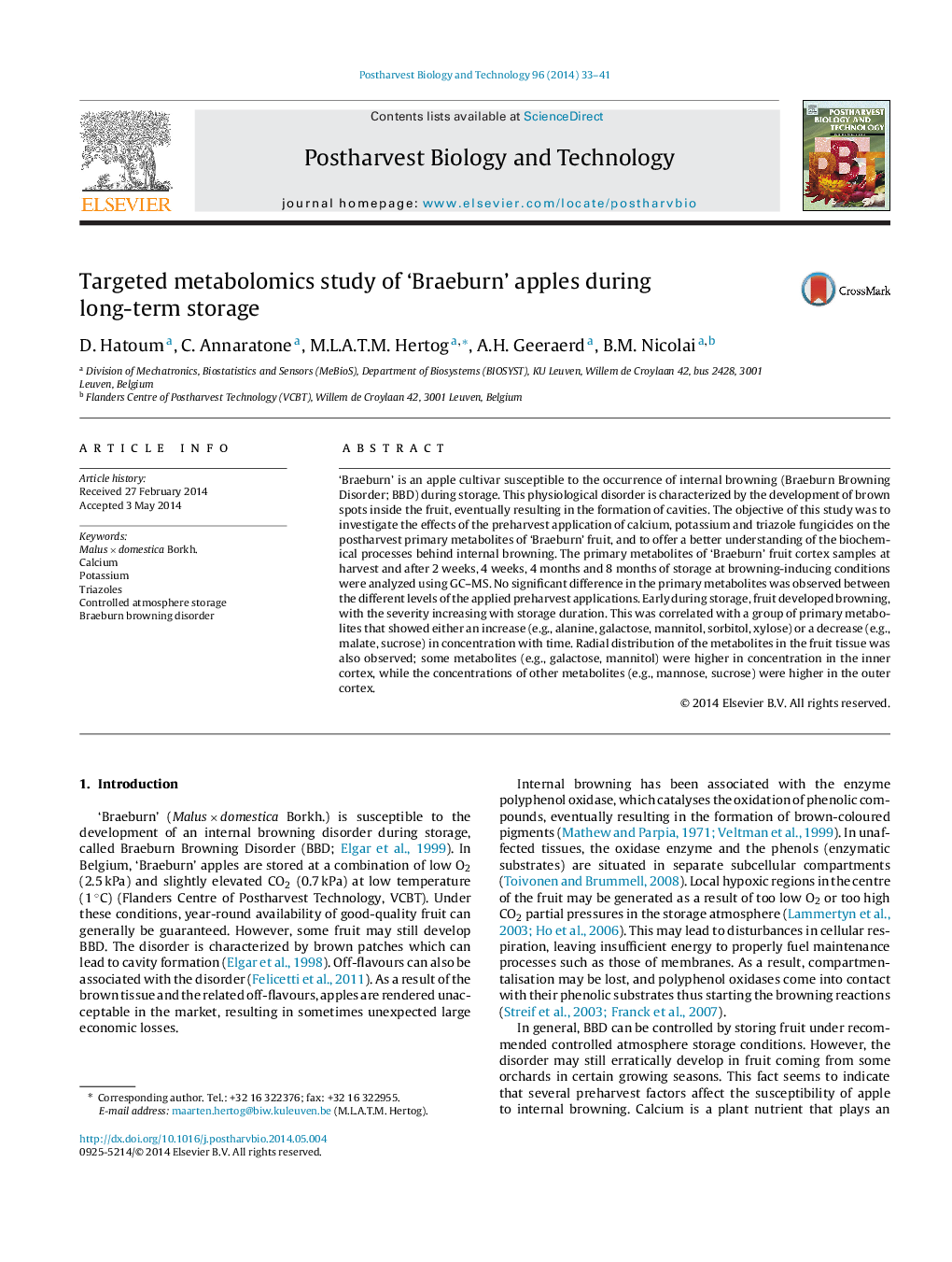 عکس صفحه اول مقاله: Targeted metabolomics study of ‘Braeburn’ apples during long-term storage Targeted metabolomics study of ‘Braeburn’ apples during long-term storage