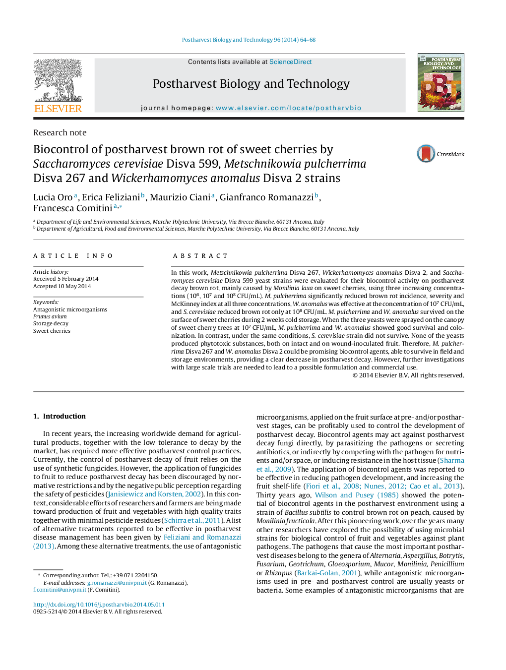 Biocontrol of postharvest brown rot of sweet cherries by Saccharomyces cerevisiae Disva 599, Metschnikowia pulcherrima Disva 267 and Wickerhamomyces anomalus Disva 2 strains