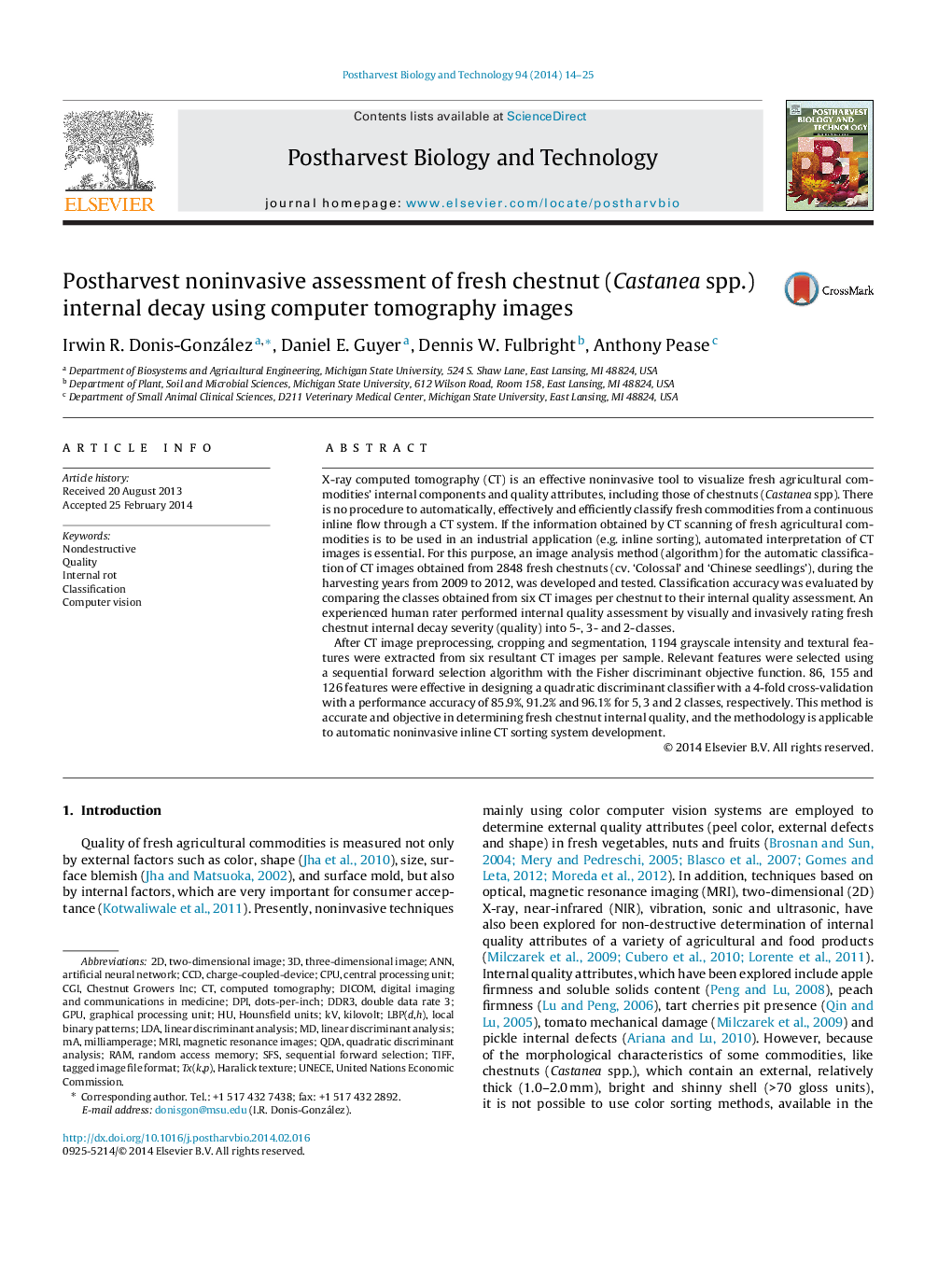 Postharvest noninvasive assessment of fresh chestnut (Castanea spp.) internal decay using computer tomography images