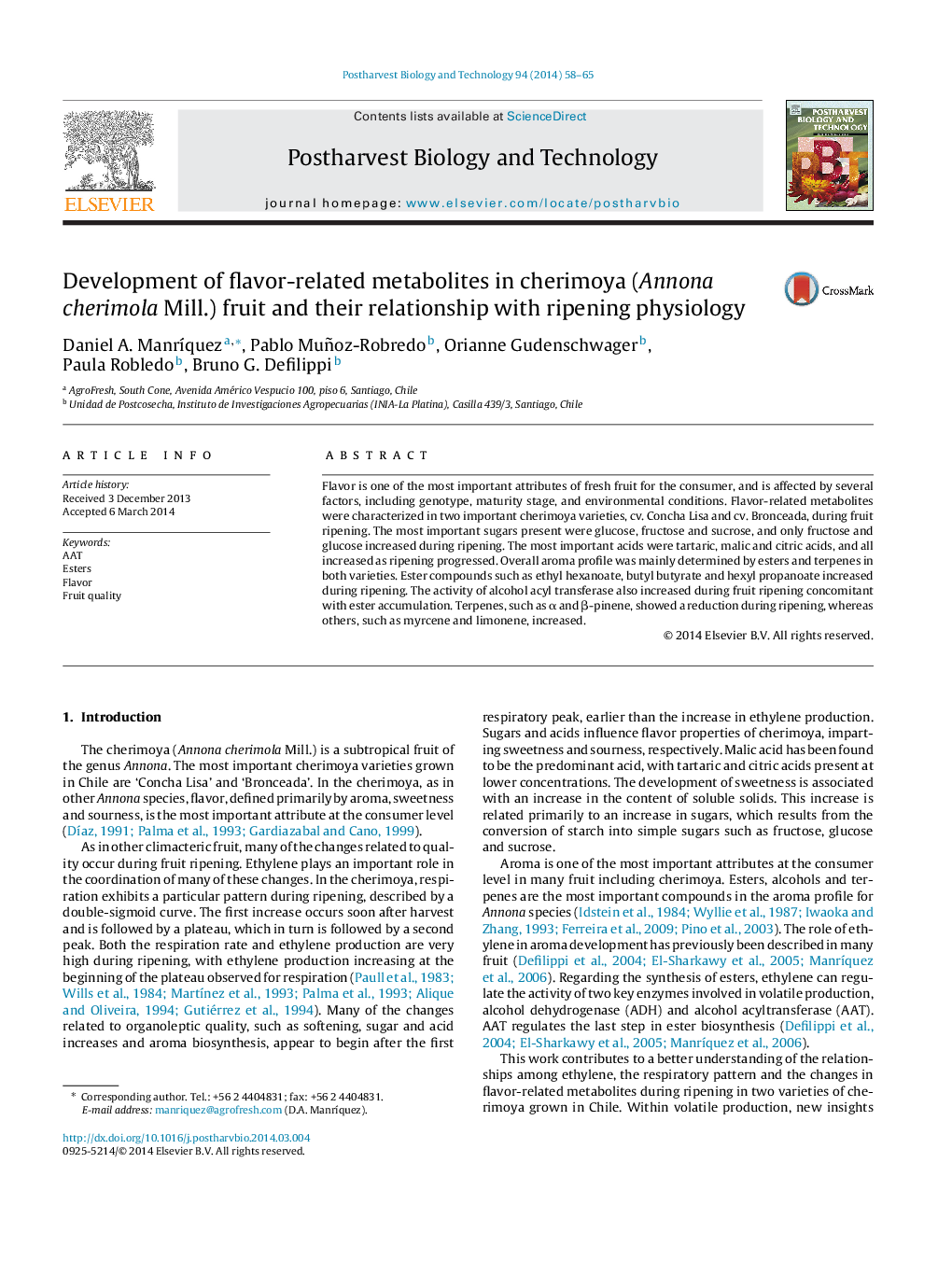 Development of flavor-related metabolites in cherimoya (Annona cherimola Mill.) fruit and their relationship with ripening physiology