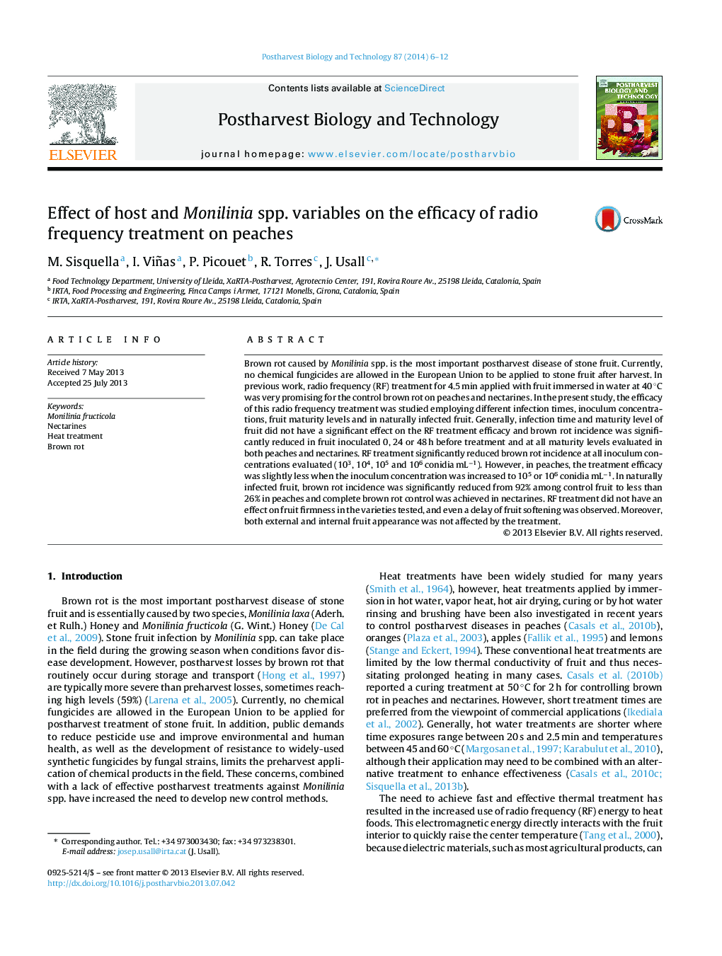 Effect of host and Monilinia spp. variables on the efficacy of radio frequency treatment on peaches