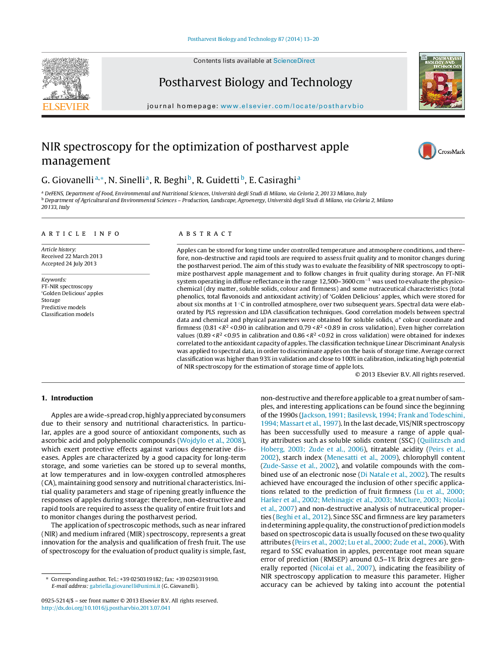 NIR spectroscopy for the optimization of postharvest apple management