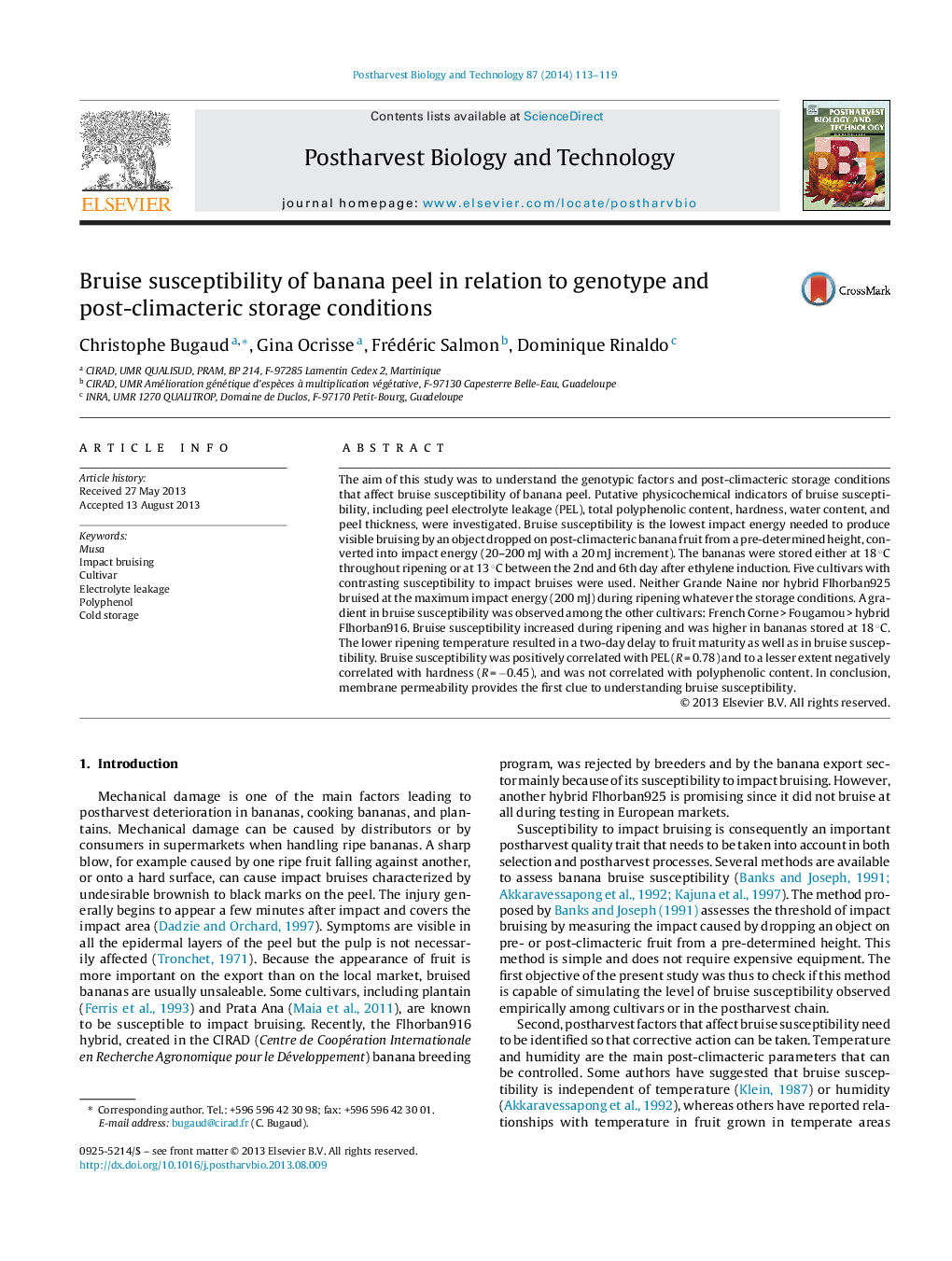 Bruise susceptibility of banana peel in relation to genotype and post-climacteric storage conditions