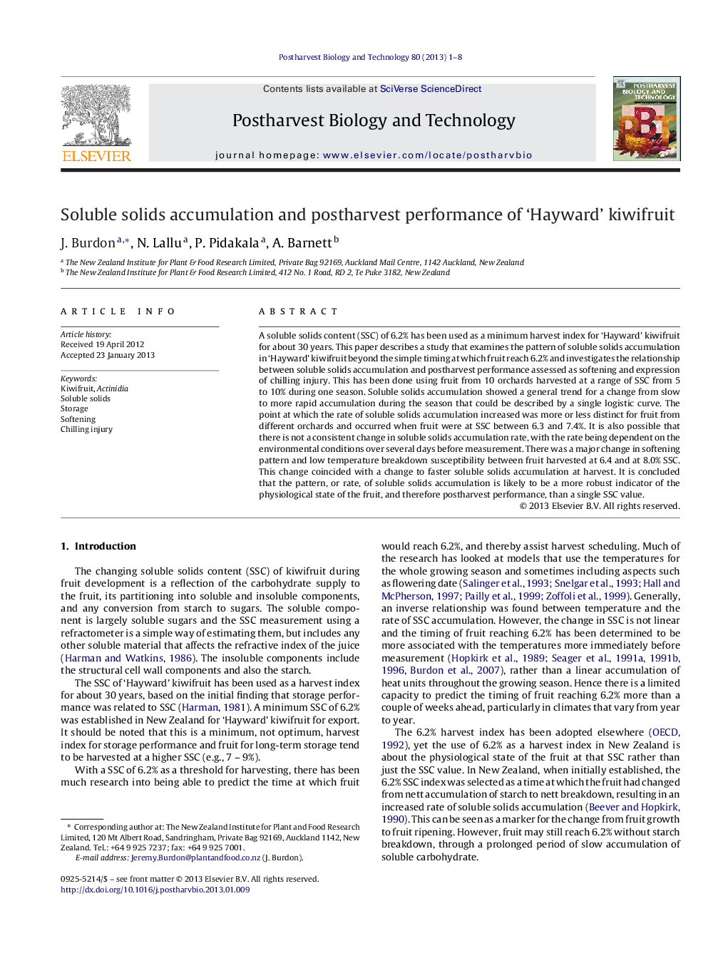 Soluble solids accumulation and postharvest performance of ‘Hayward’ kiwifruit