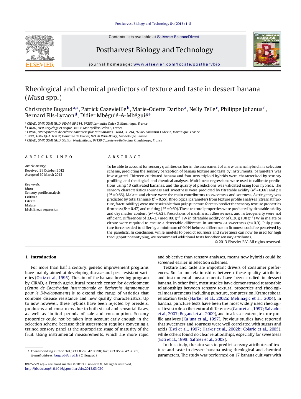 Rheological and chemical predictors of texture and taste in dessert banana (Musa spp.)