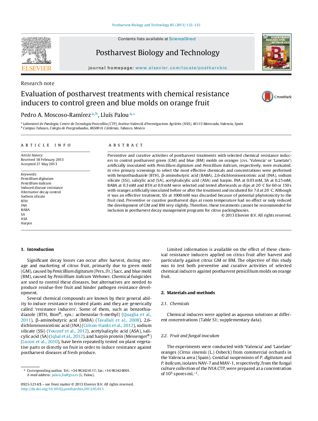 Evaluation of postharvest treatments with chemical resistance inducers to control green and blue molds on orange fruit