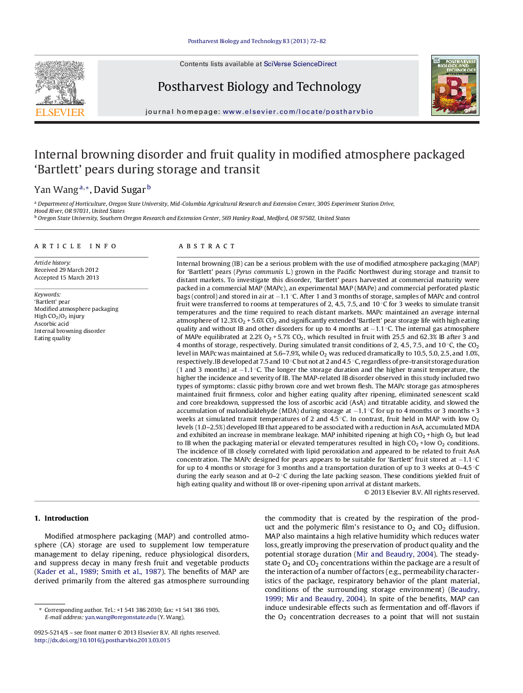 Internal browning disorder and fruit quality in modified atmosphere packaged ‘Bartlett’ pears during storage and transit