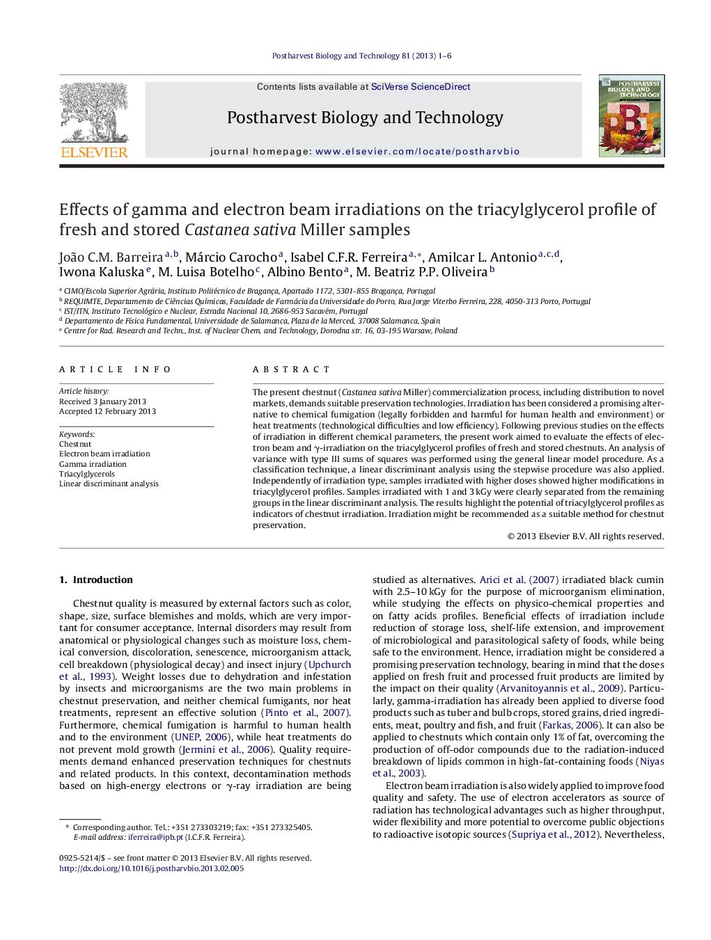 Effects of gamma and electron beam irradiations on the triacylglycerol profile of fresh and stored Castanea sativa Miller samples