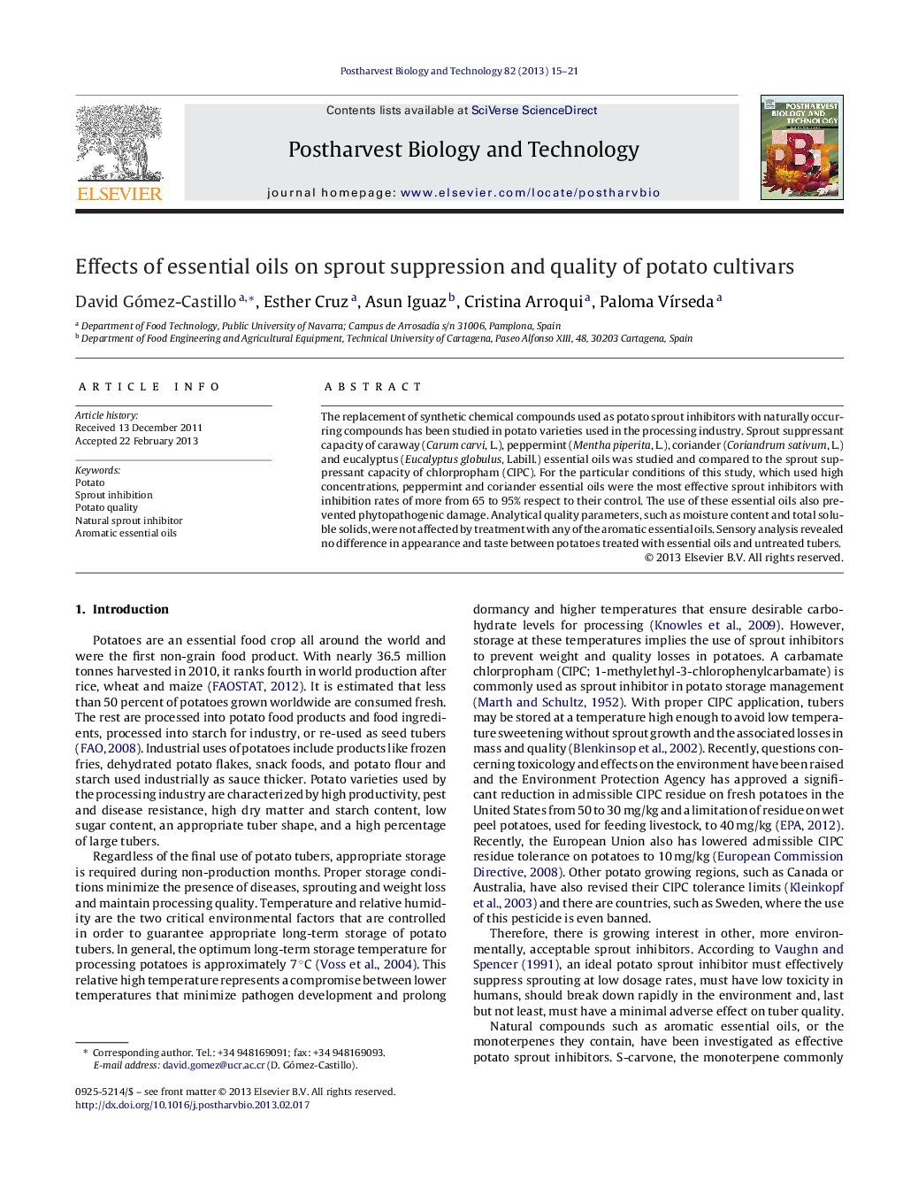 Effects of essential oils on sprout suppression and quality of potato cultivars