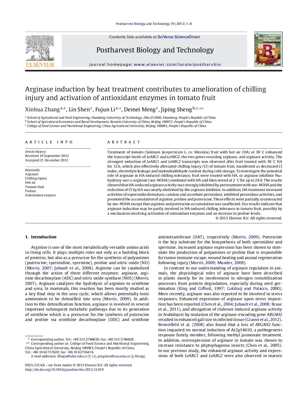 Arginase induction by heat treatment contributes to amelioration of chilling injury and activation of antioxidant enzymes in tomato fruit