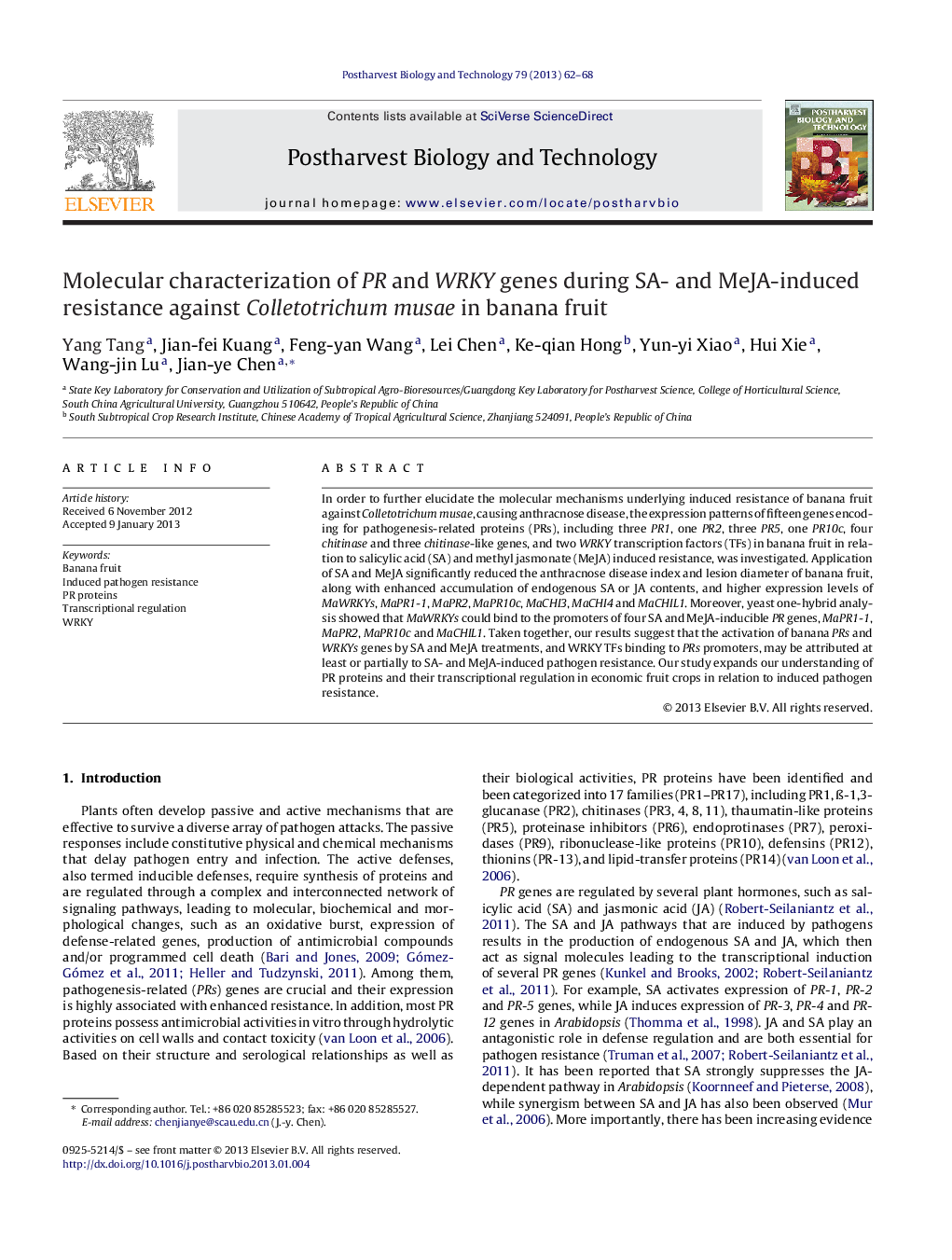 Molecular characterization of PR and WRKY genes during SA- and MeJA-induced resistance against Colletotrichum musae in banana fruit