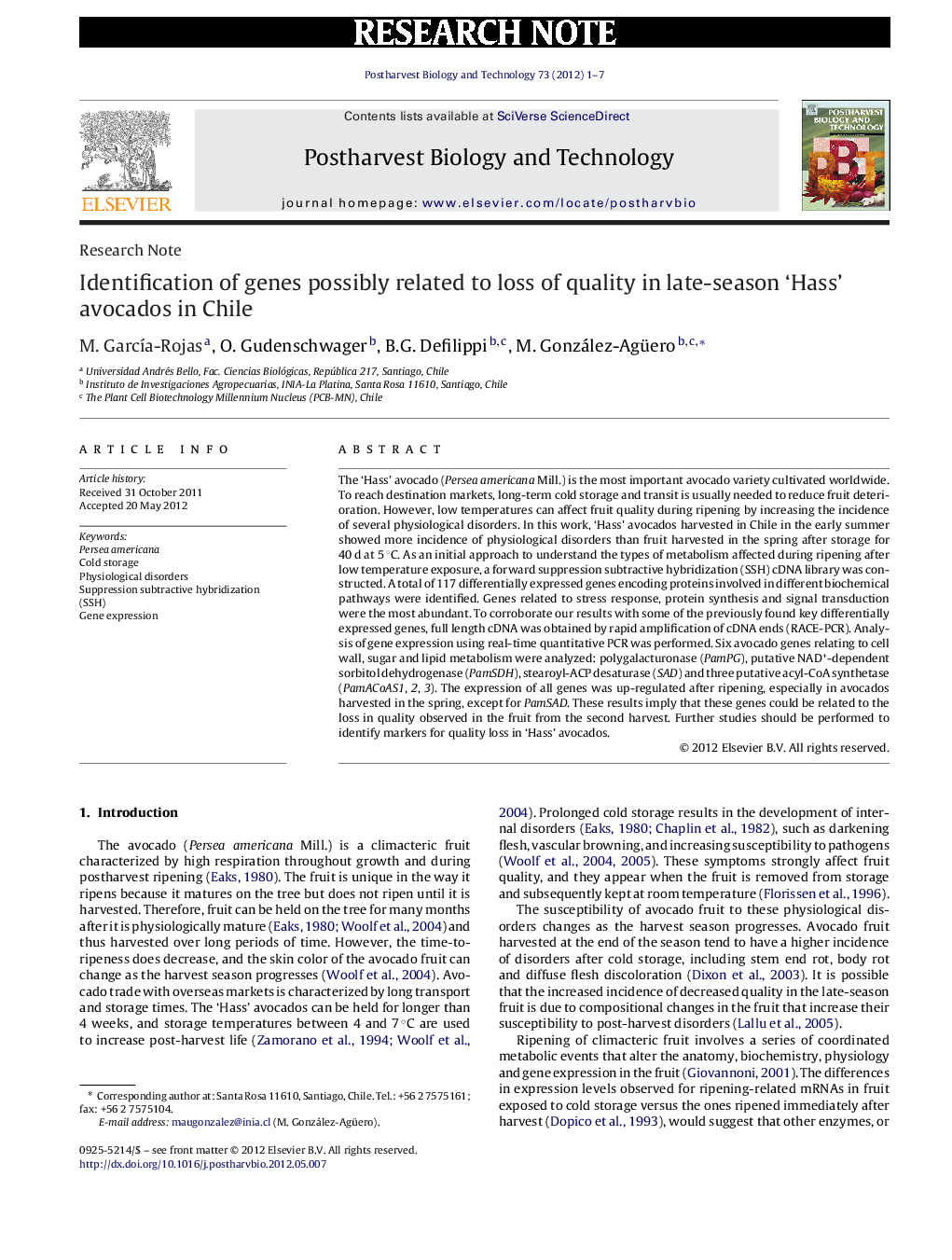 Identification of genes possibly related to loss of quality in late-season ‘Hass’ avocados in Chile