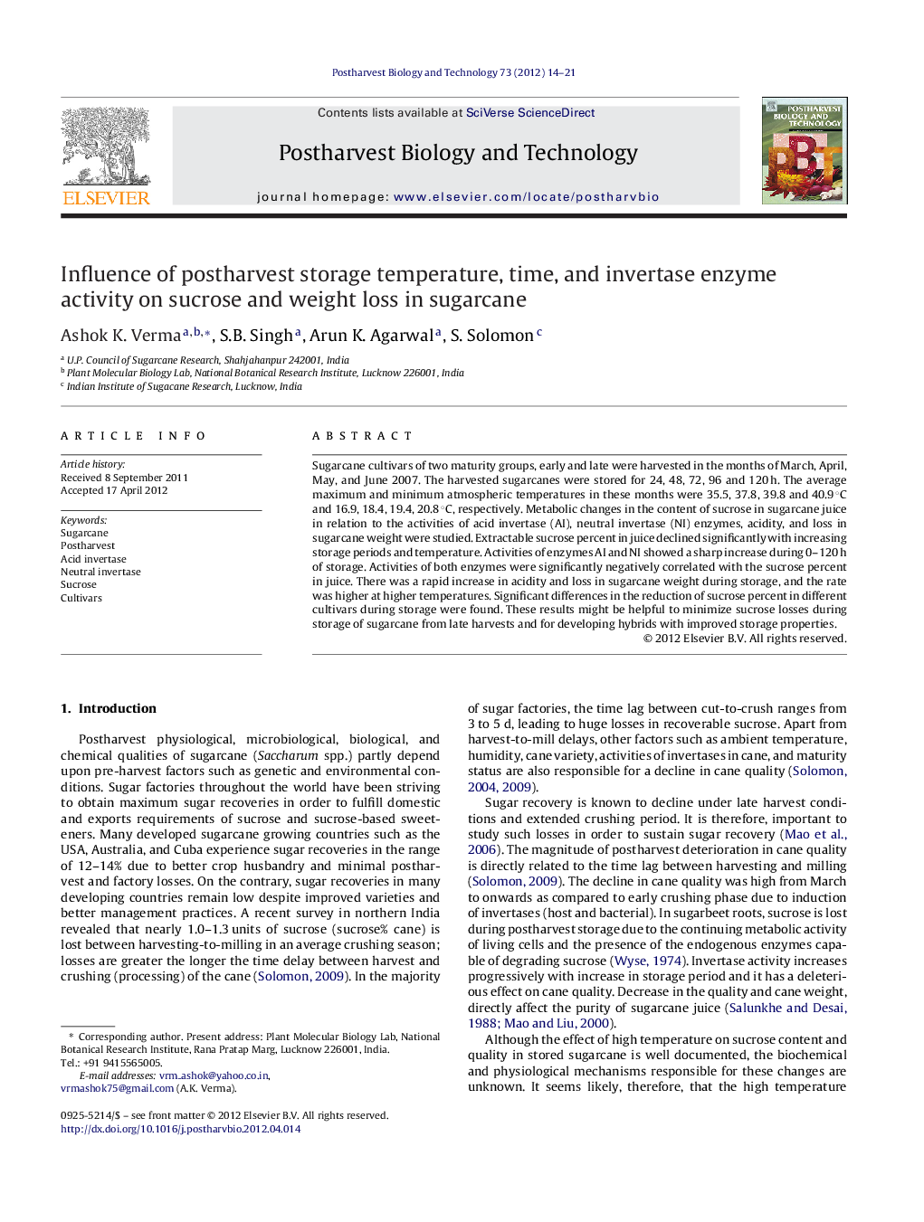 Influence of postharvest storage temperature, time, and invertase enzyme activity on sucrose and weight loss in sugarcane