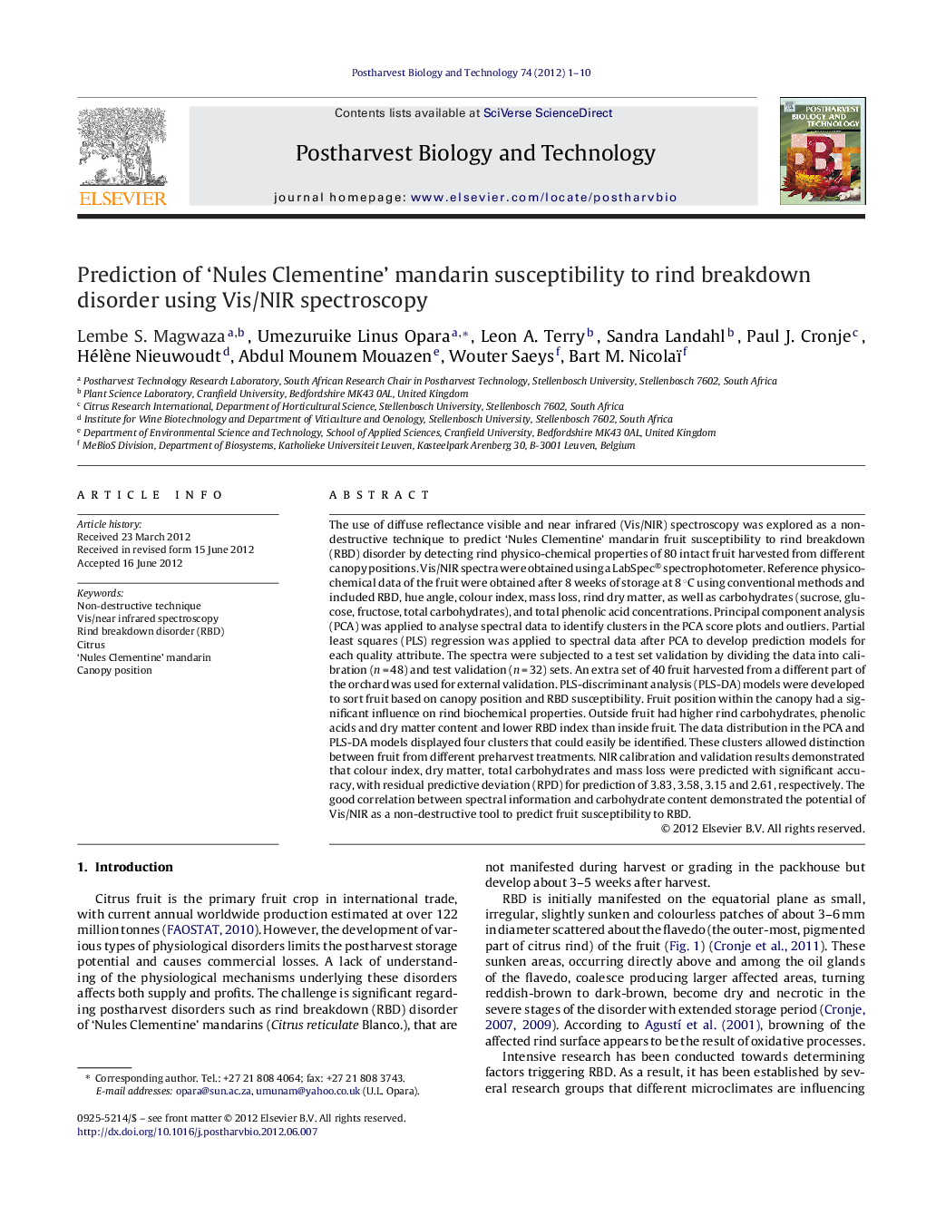 Prediction of ‘Nules Clementine’ mandarin susceptibility to rind breakdown disorder using Vis/NIR spectroscopy