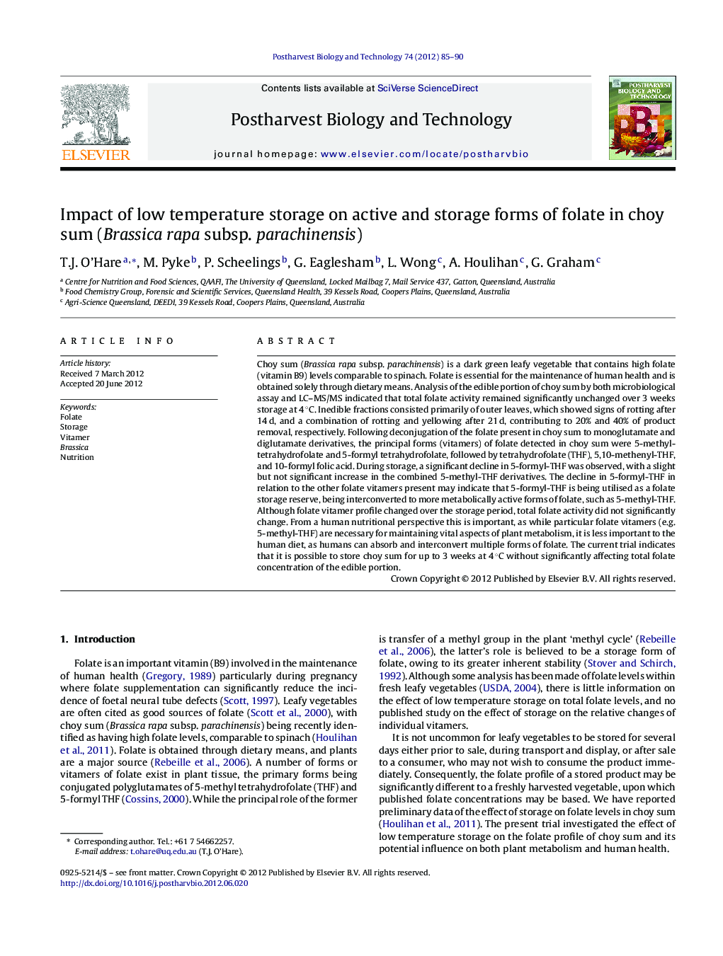 Impact of low temperature storage on active and storage forms of folate in choy sum (Brassica rapa subsp. parachinensis)