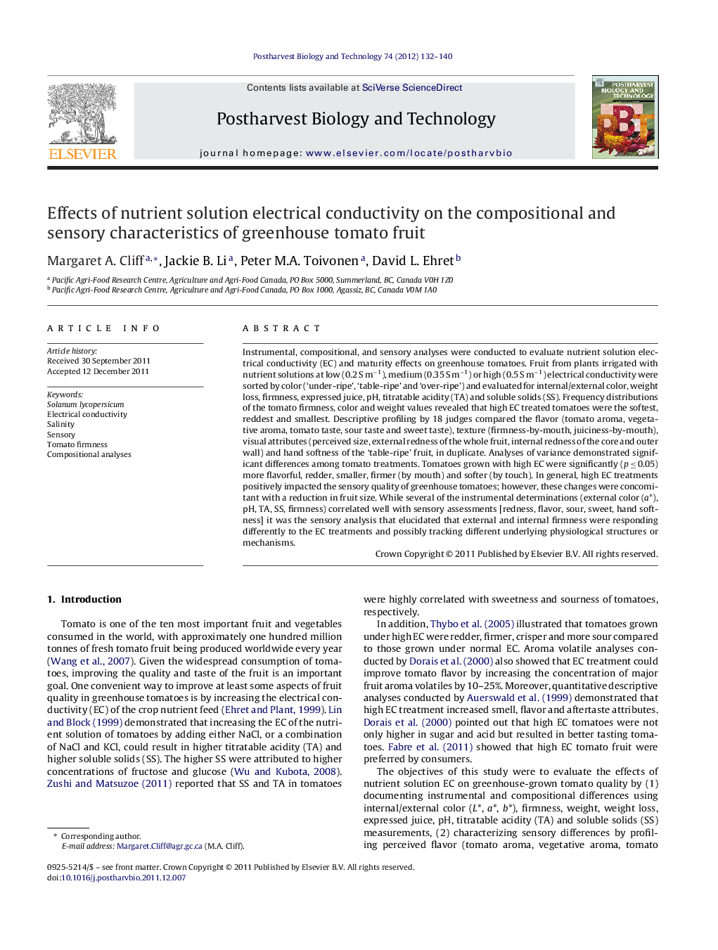 Effects of nutrient solution electrical conductivity on the compositional and sensory characteristics of greenhouse tomato fruit