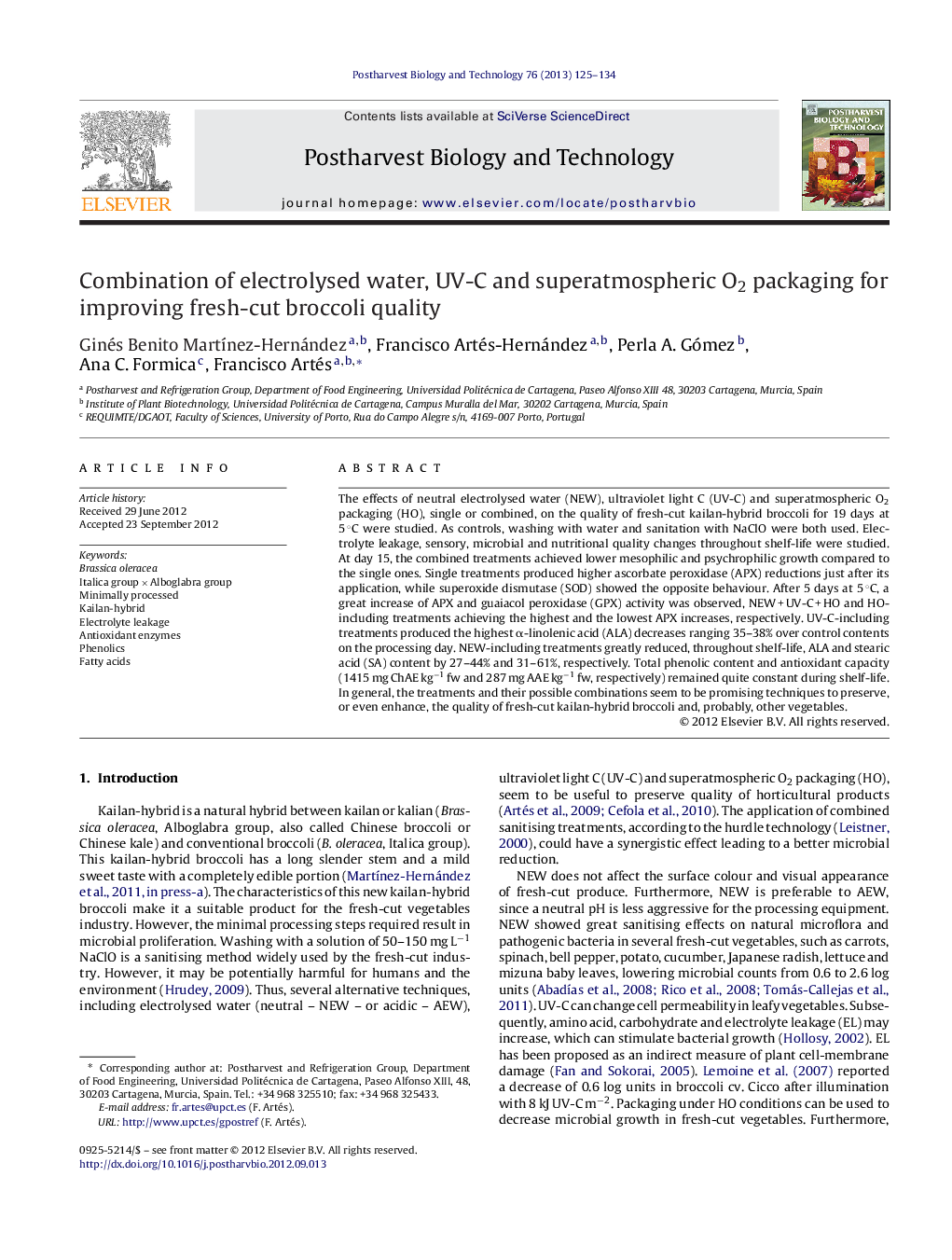 Combination of electrolysed water, UV-C and superatmospheric O2 packaging for improving fresh-cut broccoli quality