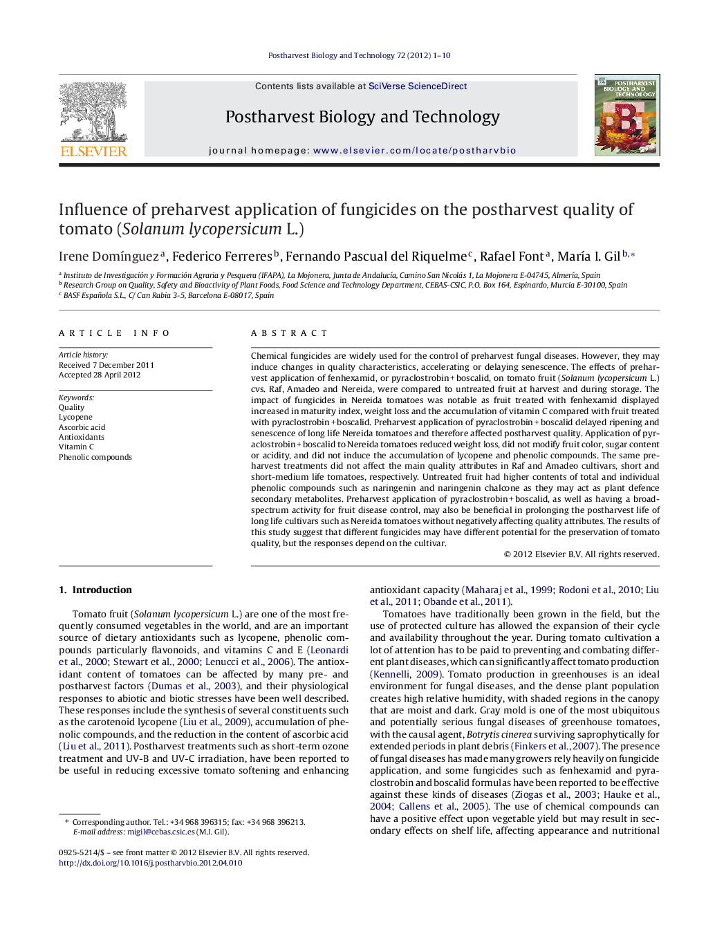 Influence of preharvest application of fungicides on the postharvest quality of tomato (Solanum lycopersicum L.)