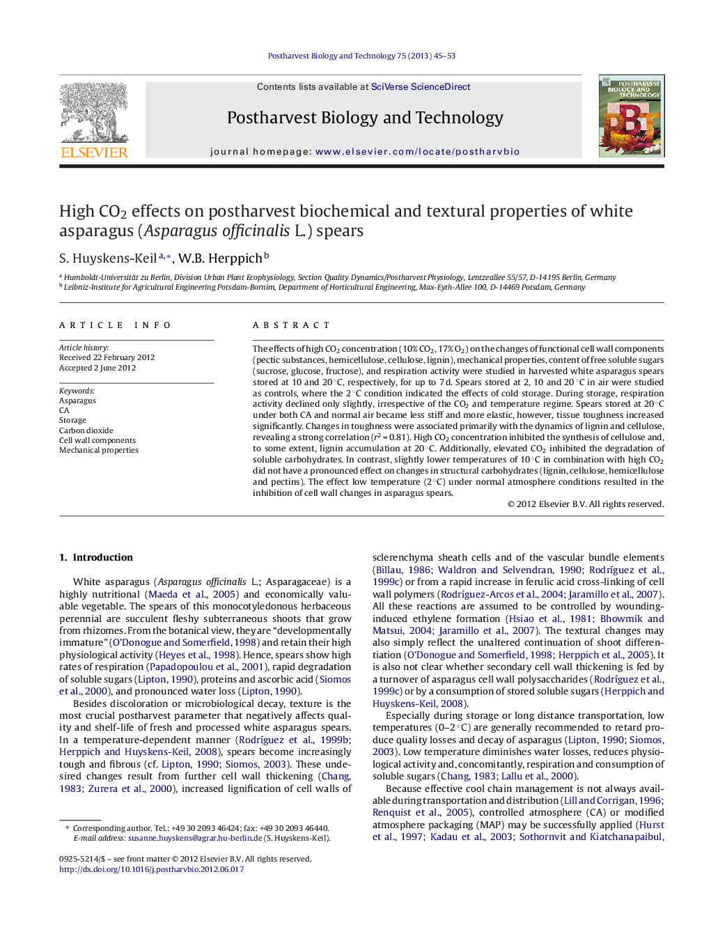 High CO2 effects on postharvest biochemical and textural properties of white asparagus (Asparagus officinalis L.) spears