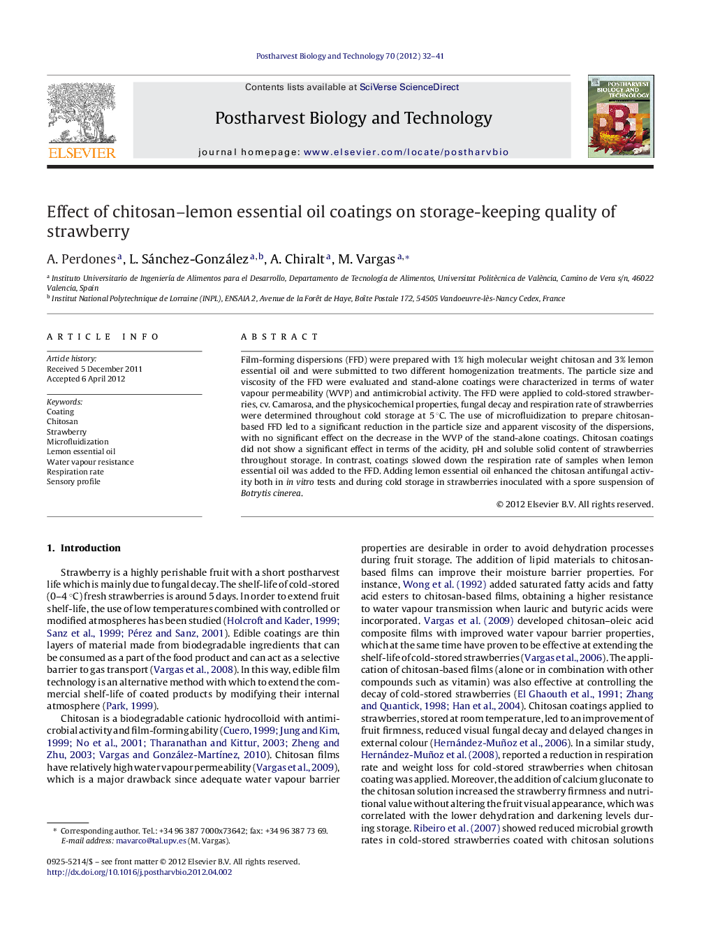 Effect of chitosan–lemon essential oil coatings on storage-keeping quality of strawberry