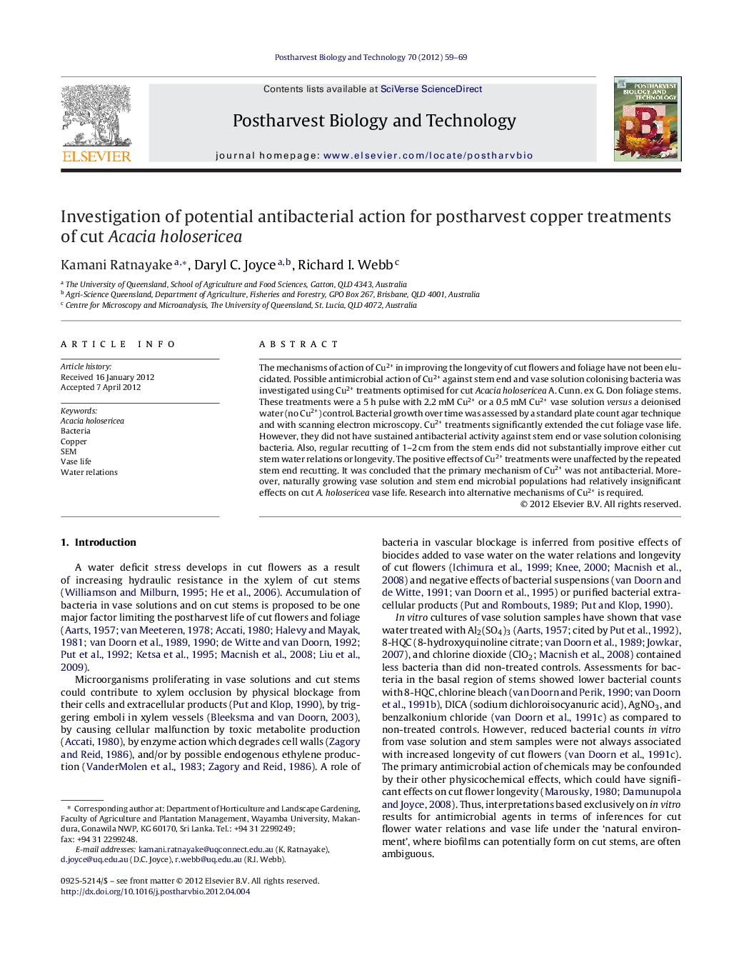 Investigation of potential antibacterial action for postharvest copper treatments of cut Acacia holosericea