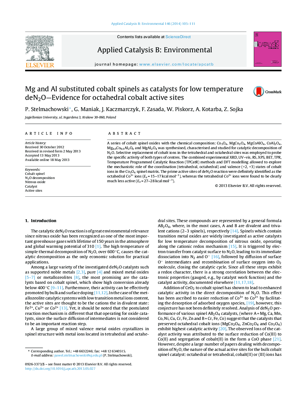 Mg and Al substituted cobalt spinels as catalysts for low temperature deN2O—Evidence for octahedral cobalt active sites