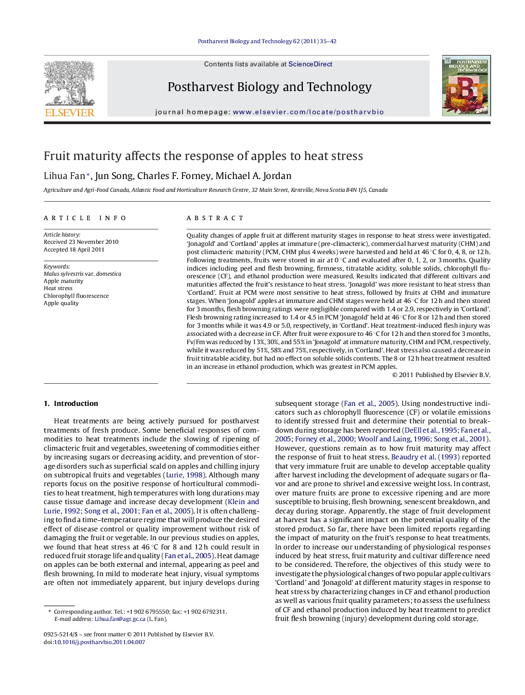 Fruit maturity affects the response of apples to heat stress