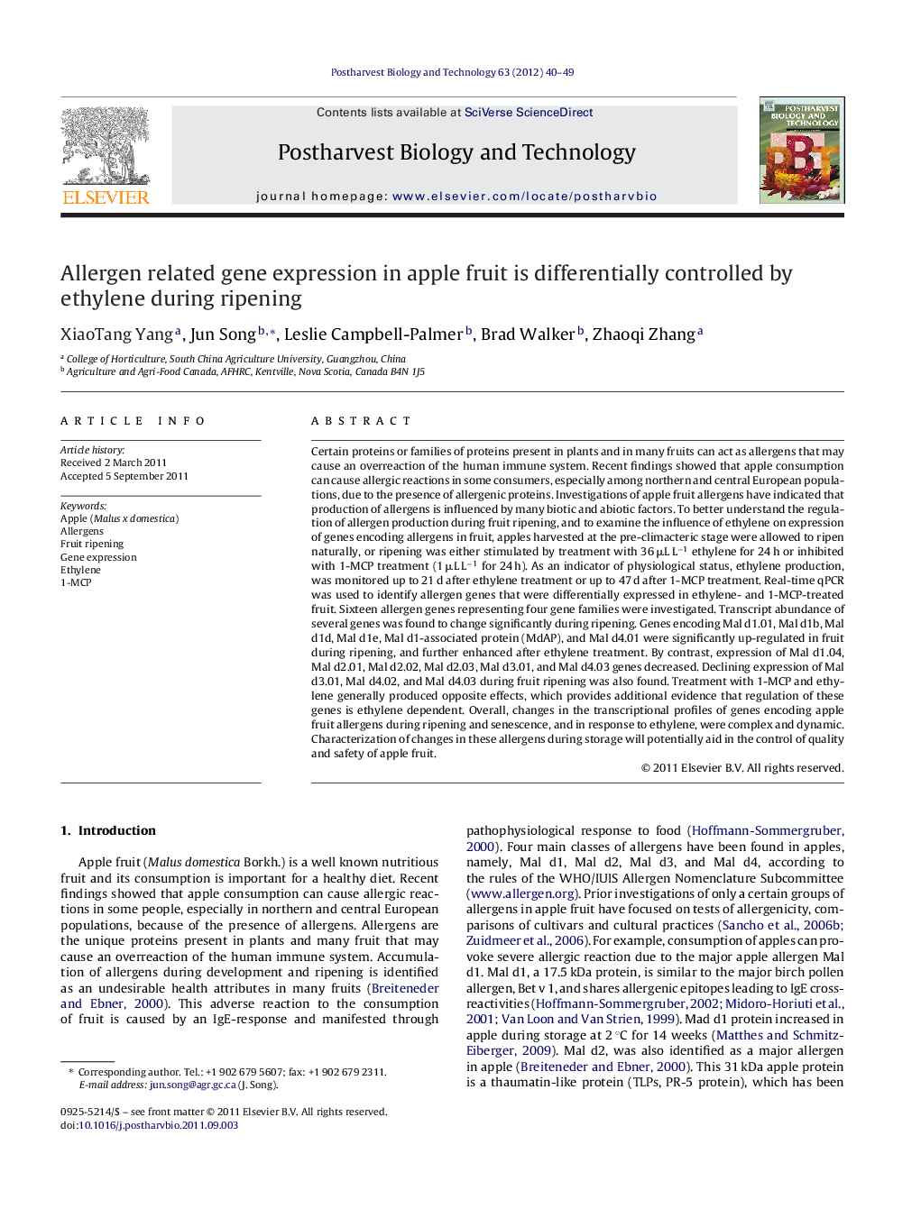 Allergen related gene expression in apple fruit is differentially controlled by ethylene during ripening