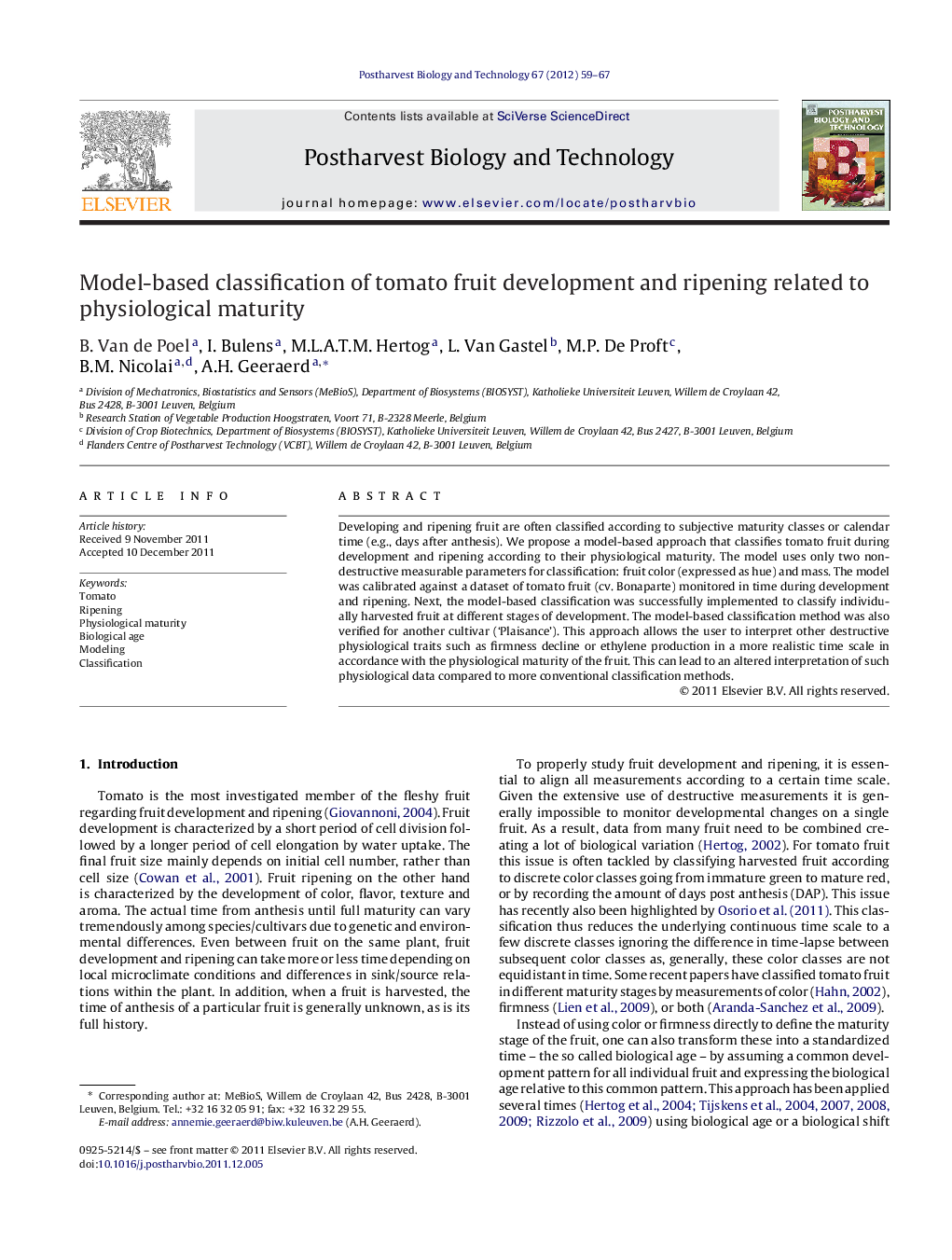 عکس صفحه اول مقاله: Model-based classification of tomato fruit development and ripening related to physiological maturity Model-based classification of tomato fruit development and ripening related to physiological maturity