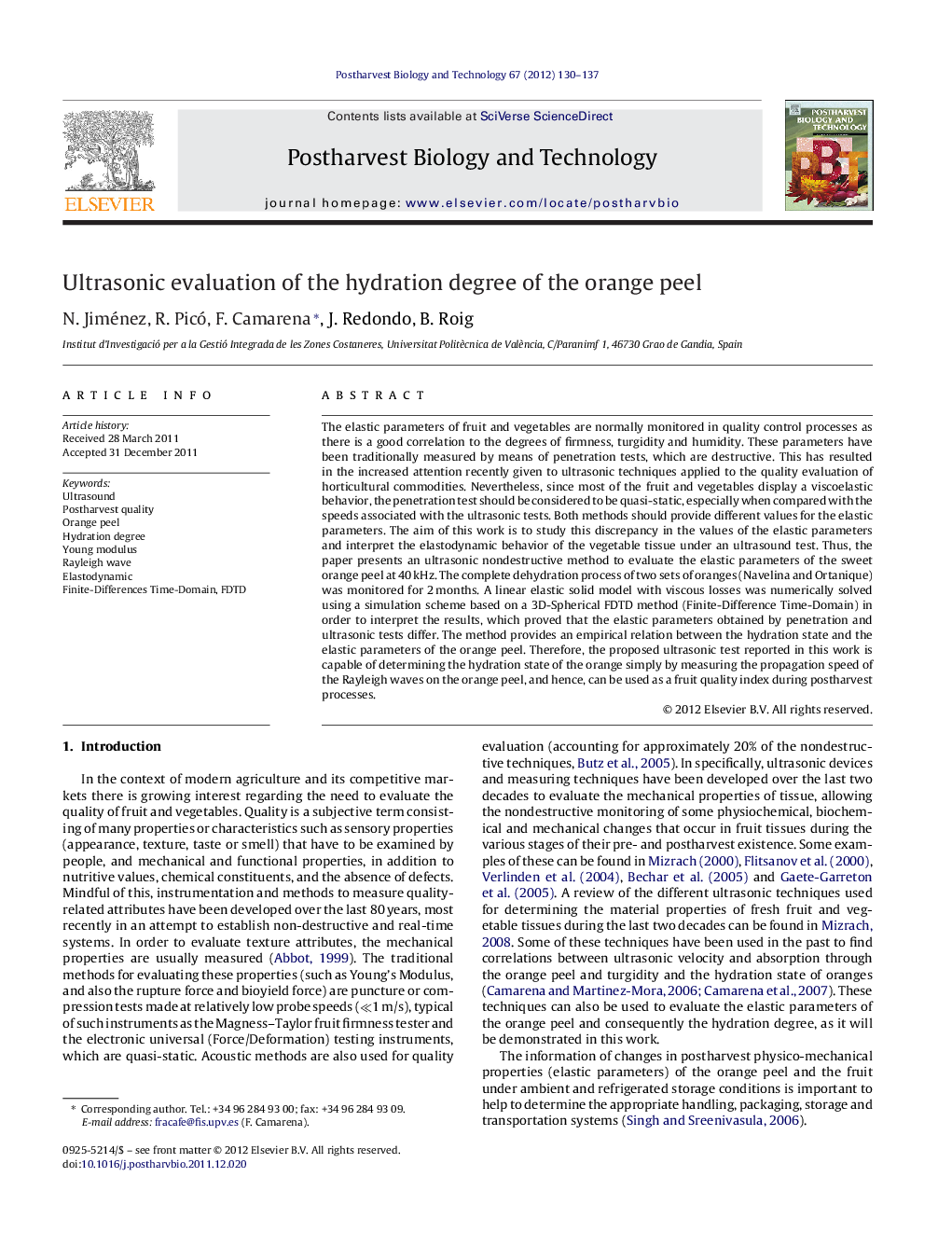 Ultrasonic evaluation of the hydration degree of the orange peel