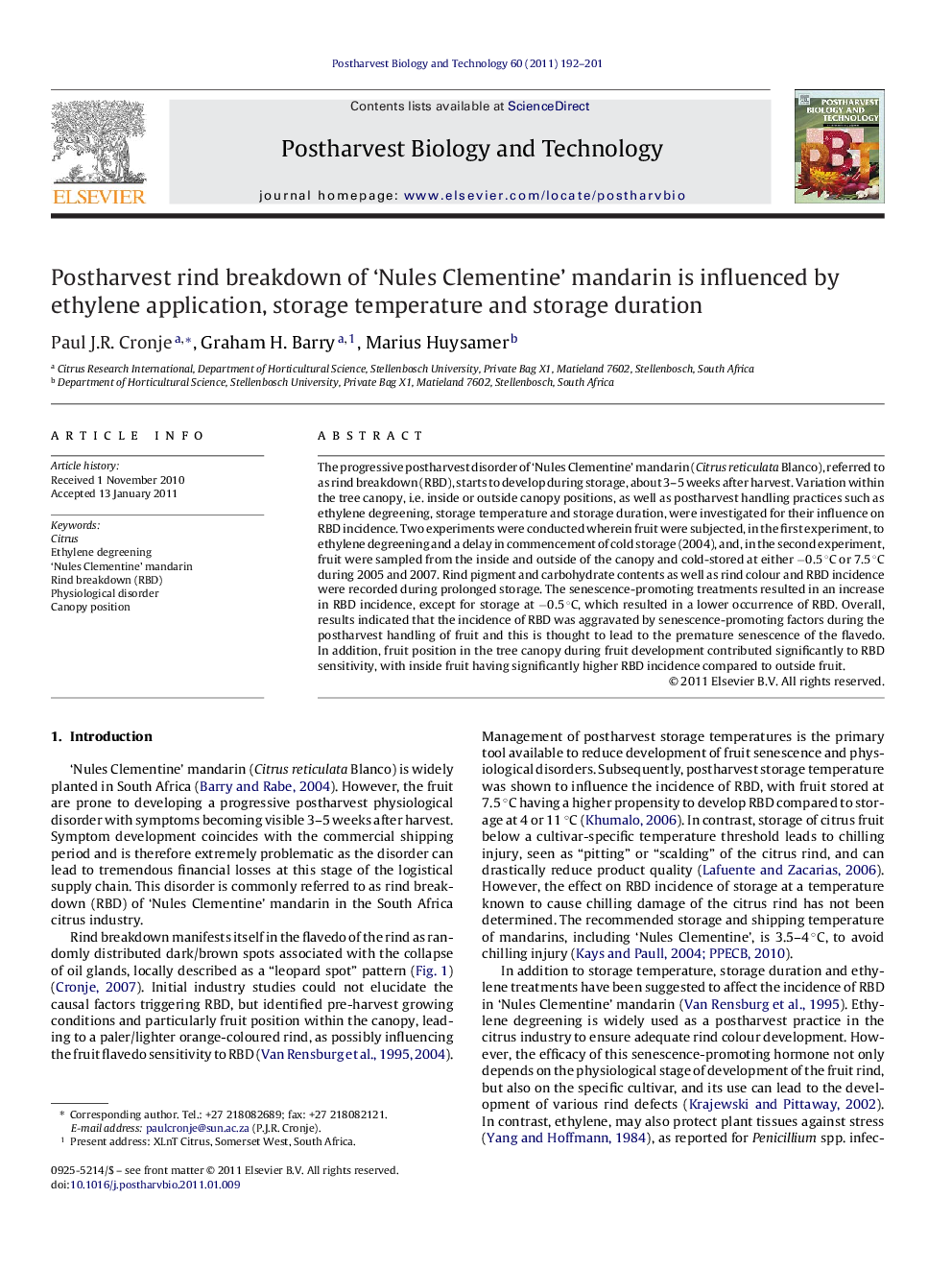 Postharvest rind breakdown of ‘Nules Clementine’ mandarin is influenced by ethylene application, storage temperature and storage duration