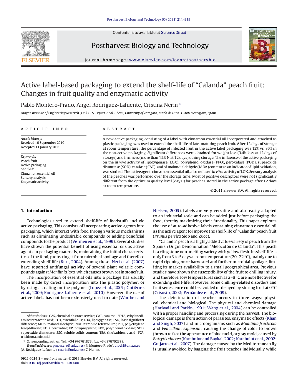 Active label-based packaging to extend the shelf-life of “Calanda” peach fruit: Changes in fruit quality and enzymatic activity