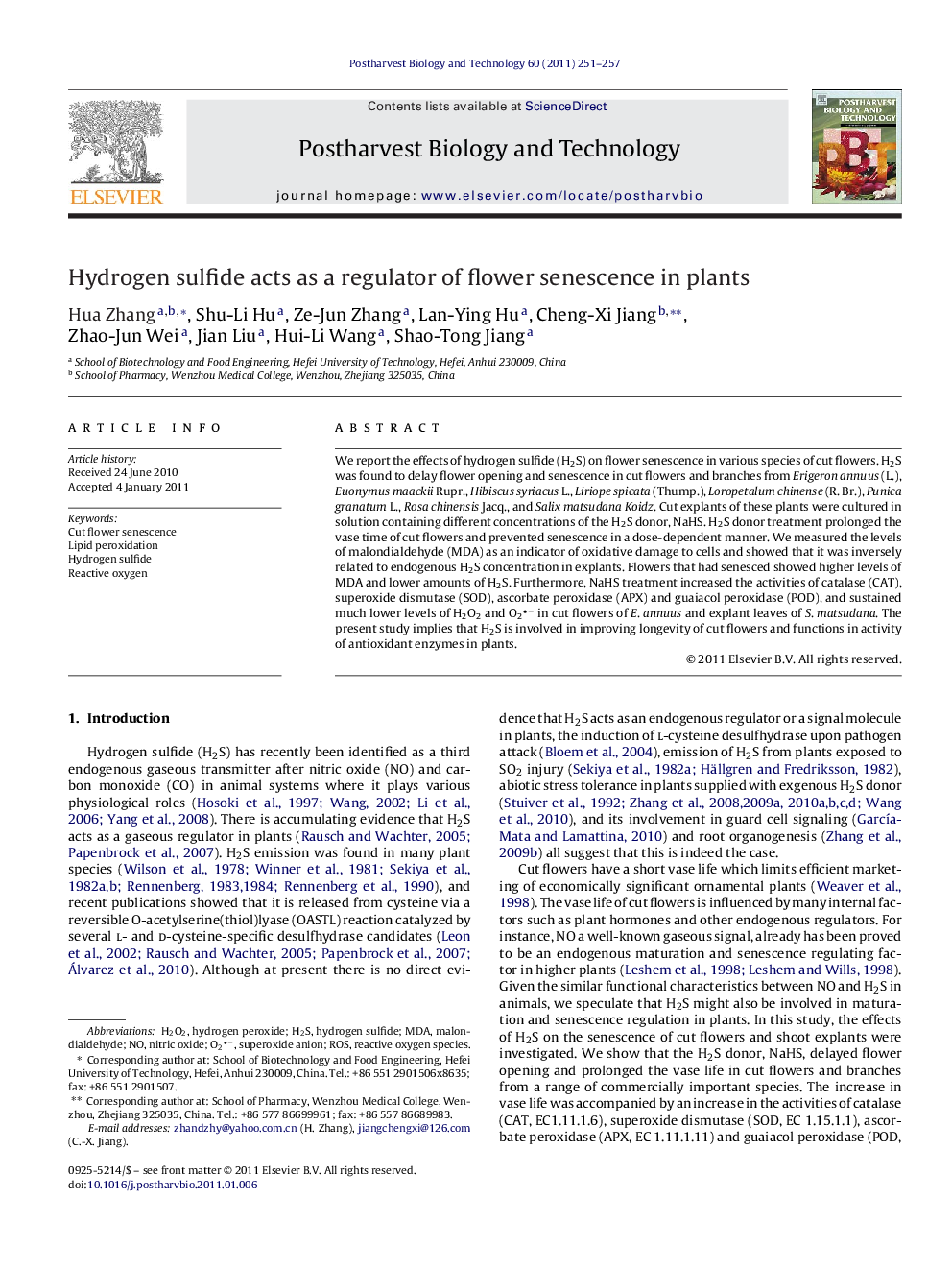 Hydrogen sulfide acts as a regulator of flower senescence in plants