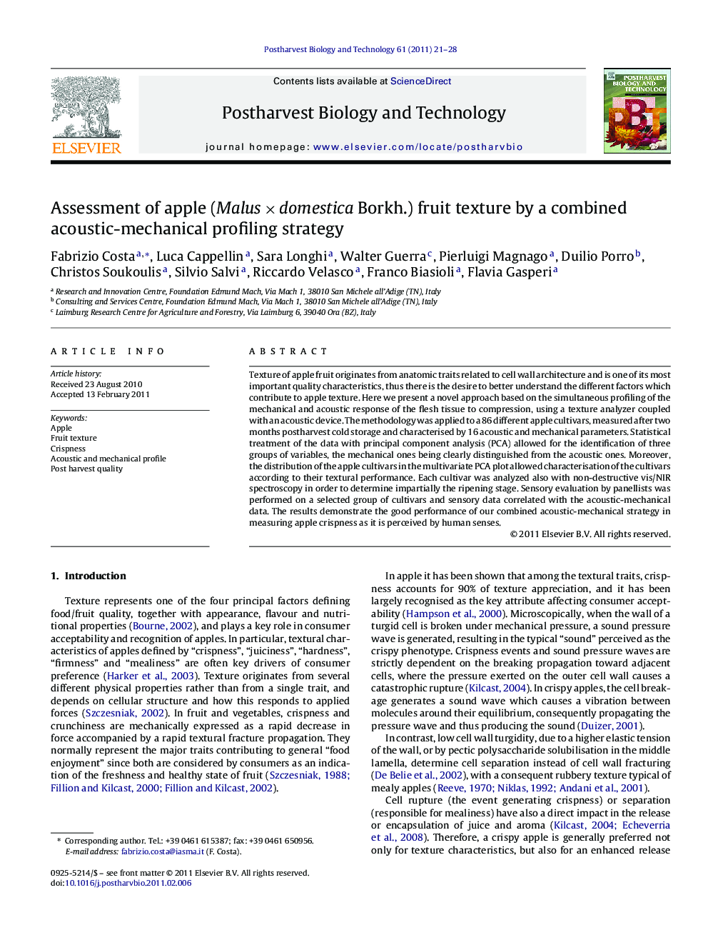 Assessment of apple (Malus × domestica Borkh.) fruit texture by a combined acoustic-mechanical profiling strategy