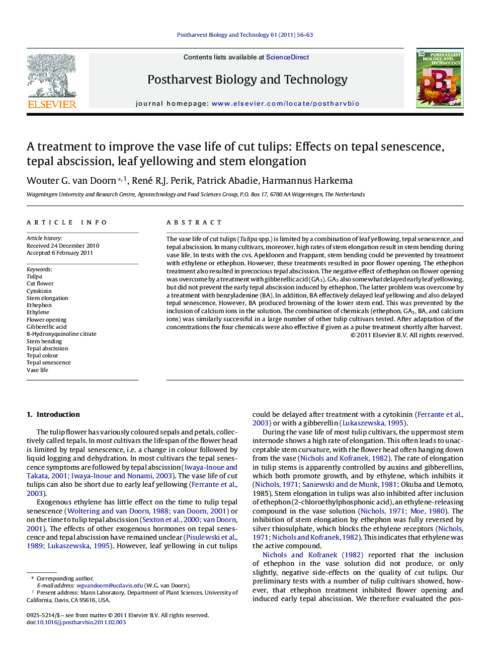 A treatment to improve the vase life of cut tulips: Effects on tepal senescence, tepal abscission, leaf yellowing and stem elongation