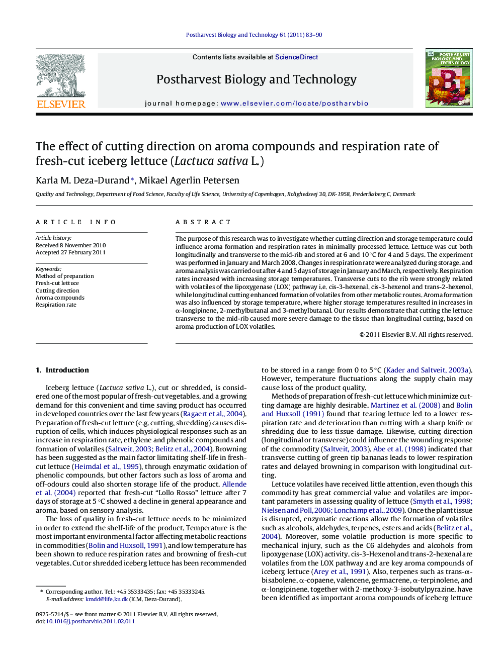 The effect of cutting direction on aroma compounds and respiration rate of fresh-cut iceberg lettuce (Lactuca sativa L.)