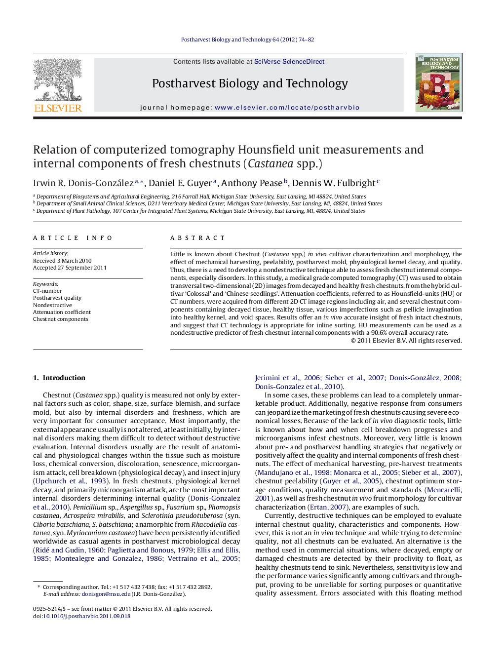 Relation of computerized tomography Hounsfield unit measurements and internal components of fresh chestnuts (Castanea spp.)